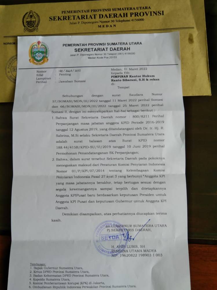 Jawab Somasi, Sekda Tak Akui SK Perpanjangan Anggota KPID Sumut 2016-2019