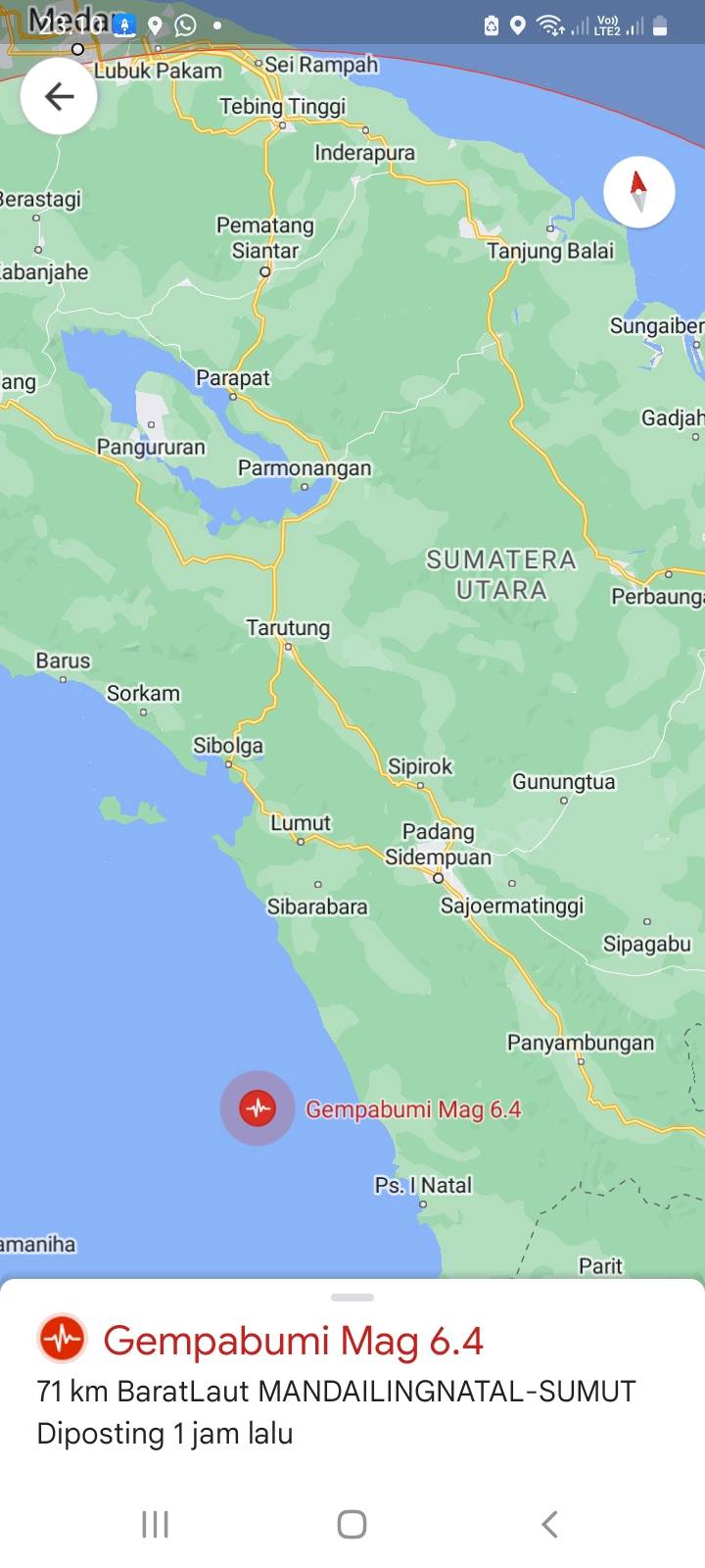 Gempabumi 6,4 SR Terjadi di Padangsidimpuan
