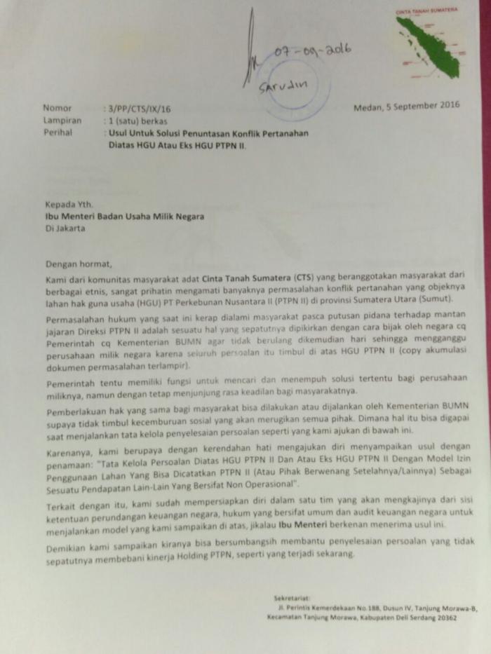  Tawarkan Solusi Penuntasan Konflik Tanah Eks HGU PTPN II, CTS Layangkan Surat ke Menteri BUMN