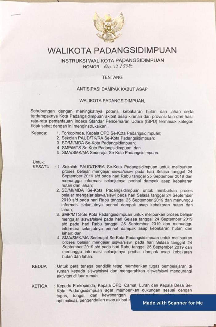 Dampak Kabut Asap, Pemko Padang Sidempuan Liburkan Sekolah
