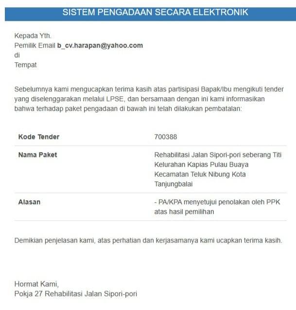 PUPR Tanjungbalai Tender Ulang Proyek Jalan Sipori-pori, Ada Dugaan Suap?